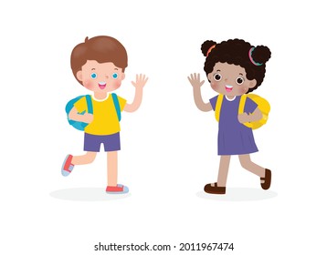 African American children with the backpack saying goodbye to caucasian kids Cartoon characters Boy and Girl school kids going to school isolated on white background vector illustration