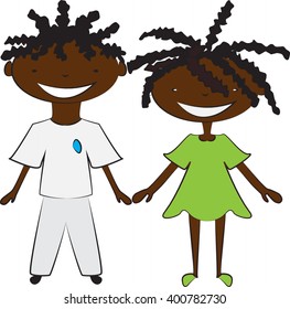 African American children black boy and a black girl with dreadlocks holding hands. Cartoon vector illustration isolated. Children vector. Friendship vector. Black children playing.