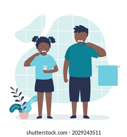 African american children brush teeth together. Brother and sister doing daily morning routine. Practice good oral hygiene. Prevention of caries and dental diseases. Trendy flat vector illustration