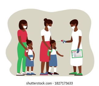 African American children have their temperature measured. In order for the children to take part in the classes, you need to measure the temperature. Epidemic, pandemic. Vector flat illustration.