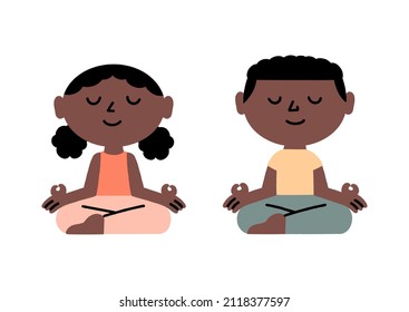 African American children meditate in the lotus position, a meditation concept. Cute characters. Hand drawn, vector illustration.