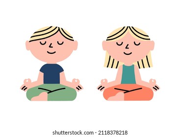 African American children meditate in the lotus position, a meditation concept. Cute characters. Hand drawn, vector illustration.