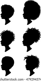 African American Children Profile Silhouettes - Vector Illustration