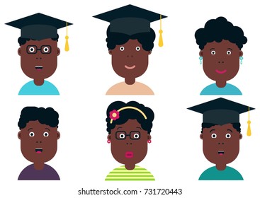 African american children, students. Graduation class. School Boys and Girls, vector illustration. Graduation students, vector set