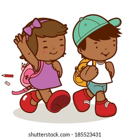 African American children walk to school. Vector illustration