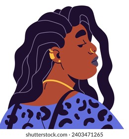 African American chubby girl avatar side view. Stylish young woman with dreadlocks, piercing portrait. Female face, user profile with neglect, arrogant look. Flat isolated vector illustration on white