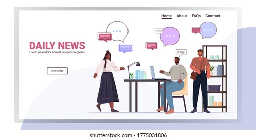 african american colleagues discussing daily news during meeting chat bubble communication concept businesspeople talking in office full length horizontal copy space vector illustration