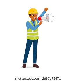 Trabajador de construcción afroamericano anuncia con megáfono con el puño en uniforme