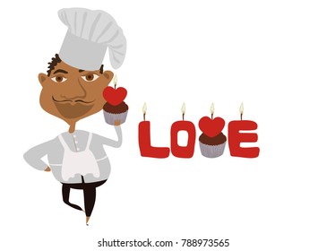 African american cook holds a cake with candle heart. The be my Valentine and love inscription made of cake and candles. 