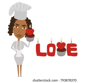 African american cook holds a cake with candle heart in arms. The love inscription made of cake and candles. Happy Valentine's day, love, wedding concept. Happy Valentines Day Card. EPS 10 Vectors