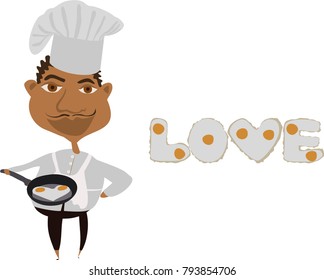 African american cook holds a frying pan with heart of fried eggs. The love inscription made of fried eggs. Happy Valentine's day, love, wedding concept. Happy Valentines Day Card. EPS 10 Vector