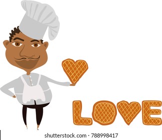 The african american cook holds a waffle in arm. The love inscription made of cake and hearts. Happy Valentine's day, wedding, love concept. EPS 10 vector illustration