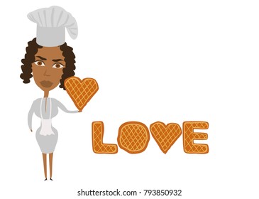 African american cook holds a waffle heart in arms. The love inscription made of waffles. Happy Valentine's day, love, wedding concept. EPS 10 Vector