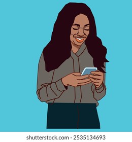 Una mujer corporativa afroamericana que revisa los mensajes de su teléfono celular sonriendo mientras usa gafas