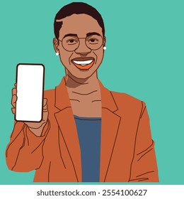 An African American corporate lady showing her mobile phone screen looking happy 