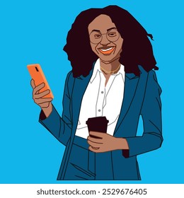An African American corporate-looking lady holding a cup of coffee and a cell phone looking so happy while wearing glasses