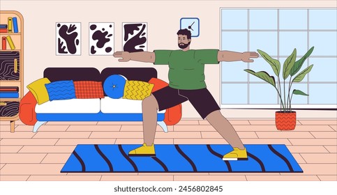 African american corpulent man practicing yoga cartoon flat illustration. Plump black male exercising at home 2D line character colorful background. Active lifestyle scene vector storytelling image