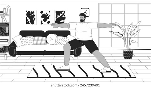 African american corpulent man practicing yoga black and white line illustration. Plump black male exercising at home 2D character monochrome background. Active lifestyle outline scene vector image