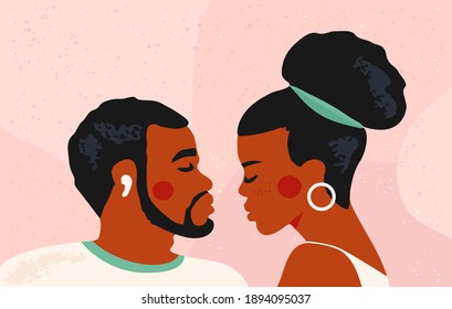 African american couple. Black family and love concept. Greeting card for St. Valentine's Day. Modern trendy vector illustration. Textured background.