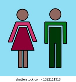African american couple with black man and woman silhouettes in pink and green clothes. Sign with family of dark skin husband and wife. Vector illustration wc toilet sign eps10.