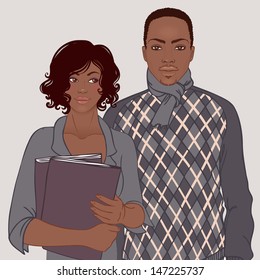 African American couple, business casual style. Vector illustration.