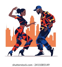 African American couple dancing hip hop style. Urban dancers perform in cityscape. Dynamic dance movements, modern outfit vector illustration.