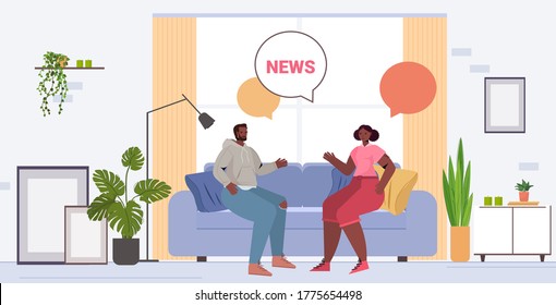 African American Couple Discussing Daily News Spending Time Together Chat Bubble Communication Concept Man Woman Sitting On Sofa Living Room Interior Full Length Vector Illustration