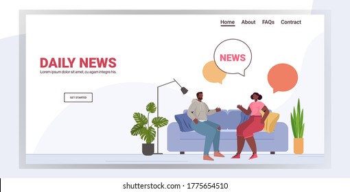 african american couple discussing daily news spending time together chat bubble communication concept man woman sitting on sofa copy space full length horizontal vector illustration