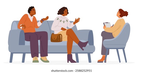 African American couple discussing their problems during psychological therapy session flat vector illustration isolated on white. Woman family psychologist with patients.