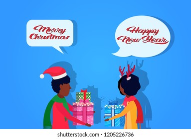 african american couple giving present each other happy new year merry christmas concept chat bubble inscription flat portrait horizontal vector illustration