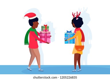african american couple giving present each other happy new year merry christmas concept flat male female cartoon character isolated full length horizontal vector illustration