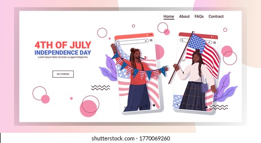 african american couple holding usa flags celebrating 4th of july independence day concept man woman in smartphone screens portrait horizontal copy space vector illustration