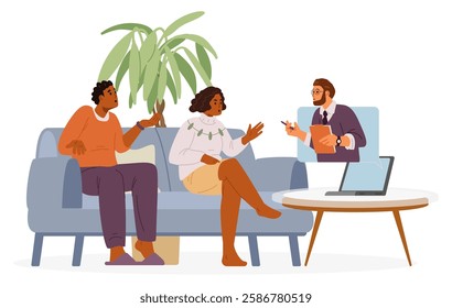 African American couple at home during online psychological therapy session flat vector illustration isolated on white. Man psychologist consulting his patients online.