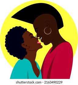 African American couple in love. Kiss, vector illustration. A couple of young creative people with original hairstyles. Bright creative young people