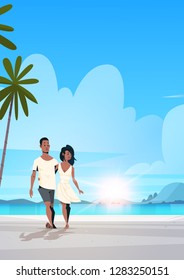 african american couple in love man woman embracing on tropical island sea beach sunrise seascape summer vacation concept landscape background full length flat vertical