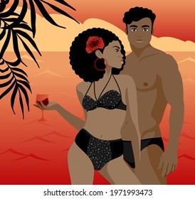 African American couple in love stands against the backdrop of a sunset by the ocean. The girl has a glass with wine in her hand. Summer evening relaxation. Vector illustration.