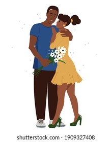 Сute African American couple. Man giving flowers to woman. Isolated flat vector illustration about romantic date.