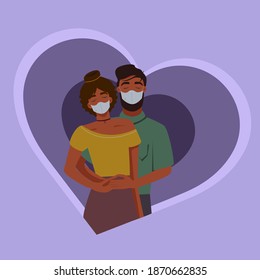 african american couple in medical masks hugging in purple heart, colorful vector illustration