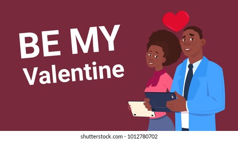 African American Couple Over Be My Valentine Background Love Holiday Concept Flat Vector Illustration