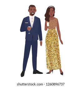 African American couple in posh elegant evening clothes drinking alcohol isolated on white background. Stylish romantic partners dressed for celebratory occasion. Flat cartoon vector illustration.