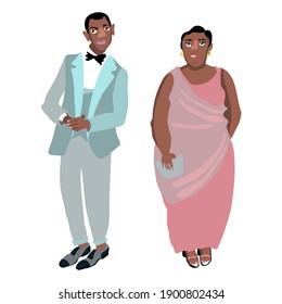 African American couple in posh elegant evening clothes isolated on white background. Stylish romantic partners dressed for celebratory occasion. Flat cartoon illustration
