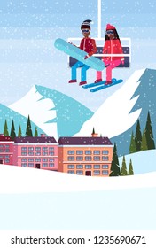 african american couple skiers on chairlift ski resort hotel houses buildings winter snowy mountains landscape flat vertical