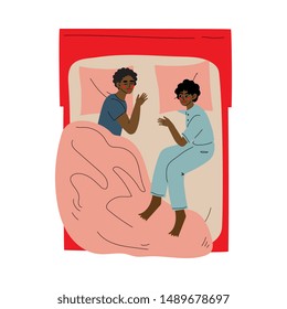 African American Couple Sleeping in Bed, Husband and Wife Slumbering at Nigh, View From Above Vector Illustration