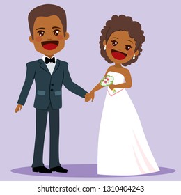 African American couple standing posing happy on wedding day holding hands
