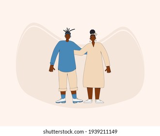 African american couple teenagers standing together. Young female and male friends wearing in casual clothes. Boy and girl. Vector color line illustration. 