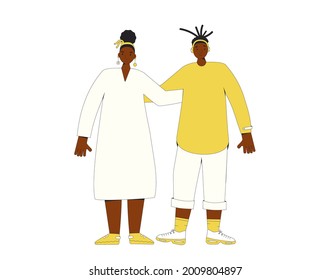 African american couple teenagers standing together. Young female and male friends wearing in casual clothes. Boy and girl. Vector color line illustration. 