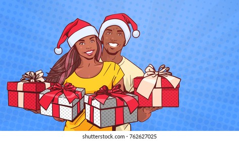 African American Couple Wearing Santa Hats Hold Presents Happy Man And Woman Over Comic Pop Art Background Vector Illustration