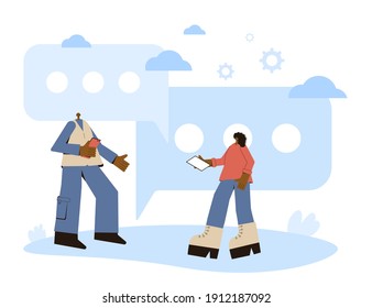 African american couple. Woman and man with phones standing together. Wife and husband wearing in casual clothes chatting. Vector flat characters illustration.  