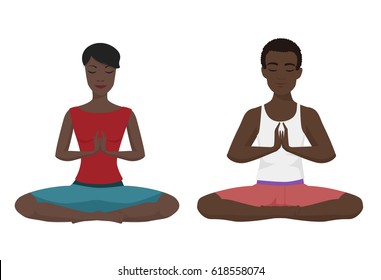 African american couple Yoga vector illustration. Lotus position isolated.