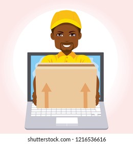 African American courier delivery boy popping out laptop online shopping order concept